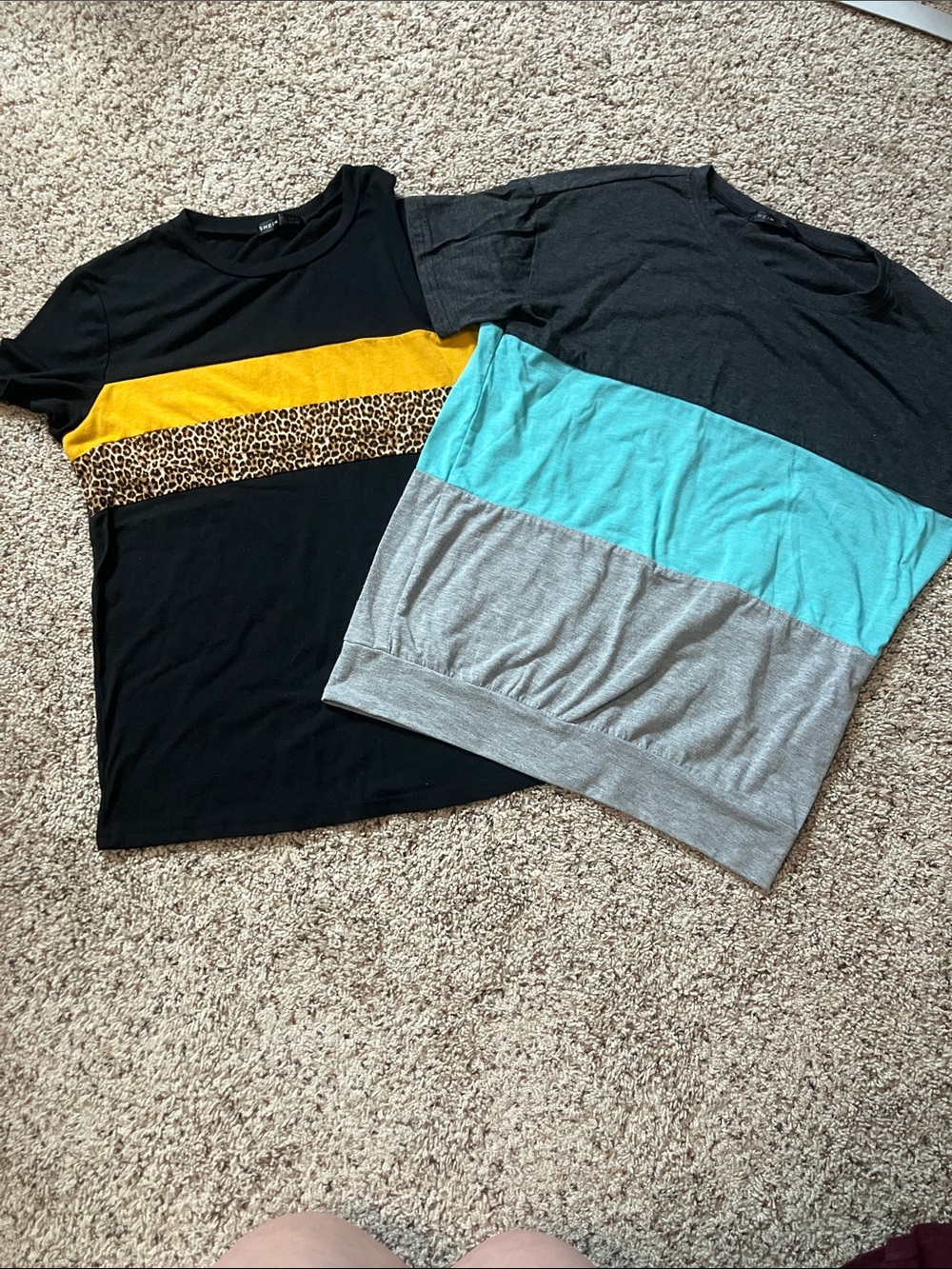 SHEIN Tees black with Yellow Stripe and Leopard Panel gray and blue color block